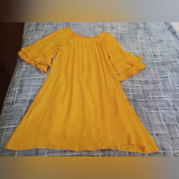 Naïf Boho Cold Shoulder Dress Sz M/L Yellow Crepe Knee Length Scoop Neck Island - Picture 4 of 8
